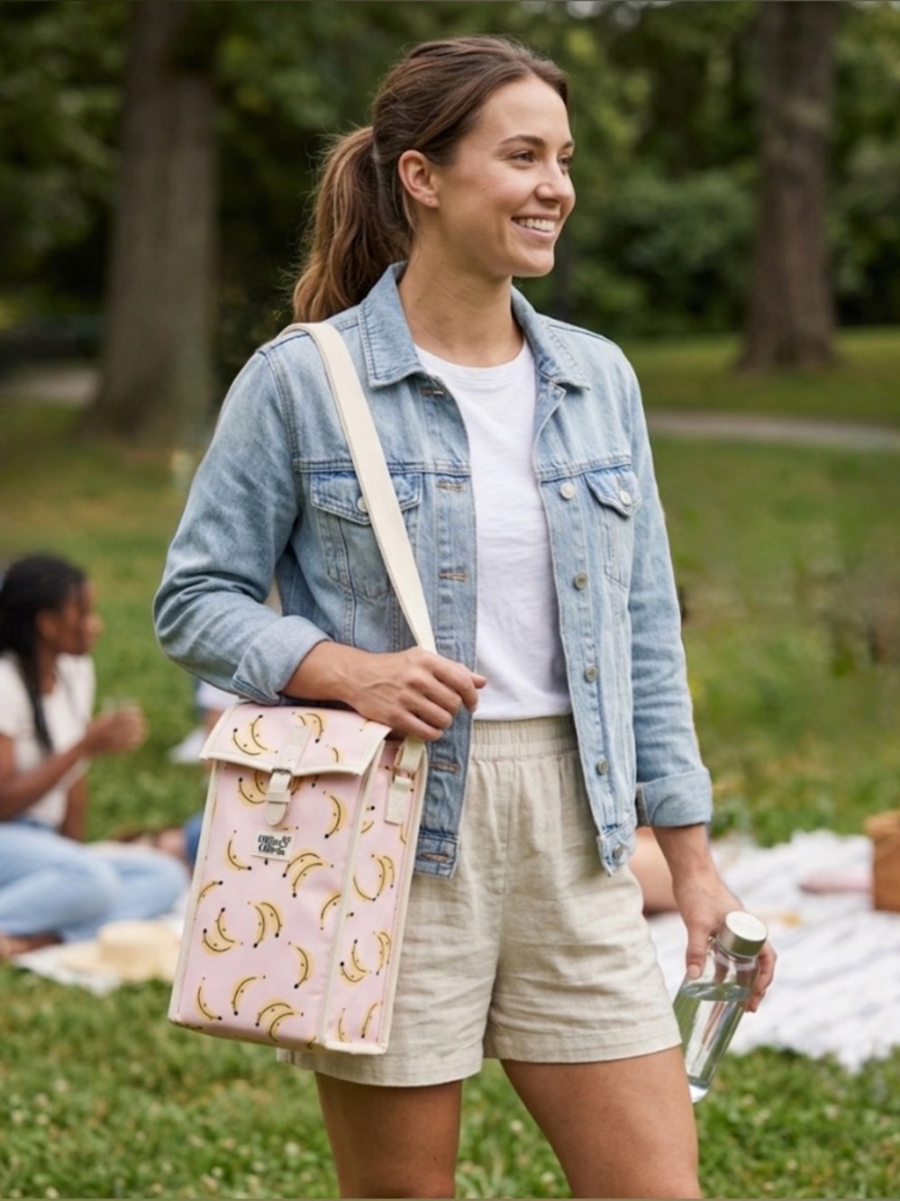 Ollie & Olivia Pink Banana Print Insulated Crossbody Bottle Carrier